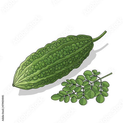 A vibrant illustration of bitter melon and moringa leaves against white canvas