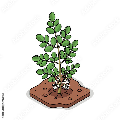 A minimalistic rendition of a vibrant young moringa tree flourishing in soil