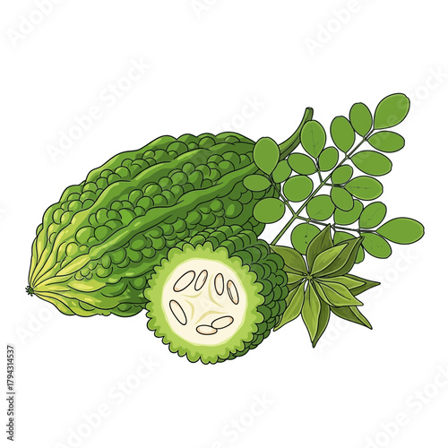 Illustration of Bitter Melon, Moringa and Star Anise Fresh Harvest Still Life