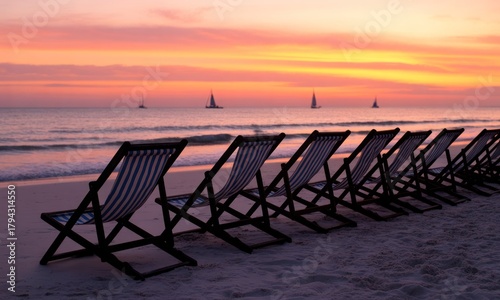 Sunset beach scene with wooden chairs