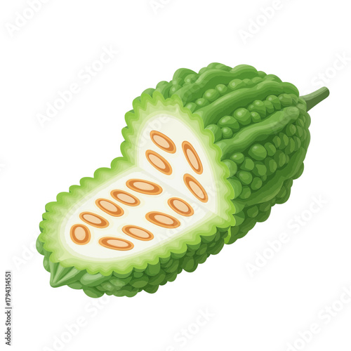 Illustration of a halved bitter melon, revealing its unique interior structure
