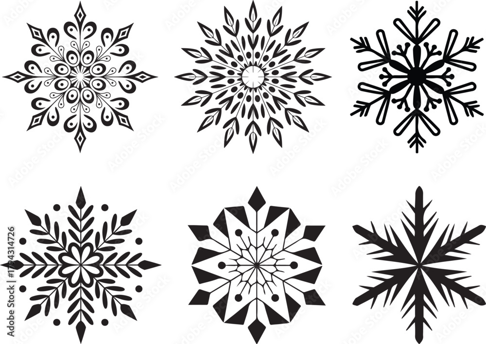 Obraz premium Snowflakes Collection Winter Season Black Silhouette of Various Frozen Crystal Shapes Ornamental Decoration Snow Vector Illustration