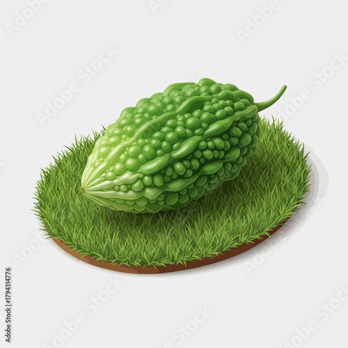 Stylized bitter melon illustration on a grass podium, vector design
