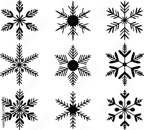 Collection of different black snowflakes on transparent background winter holiday decorative icy frost elements vector graphic template 130