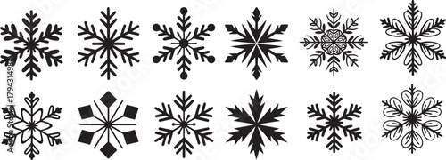 Collection of various black snowflakes on transparent backdrop winter holiday decorative icy frost elements vector graphic template 130