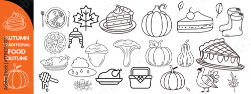Autumn traditional food icon, thanksgiving day holiday table hand drawn doodle line illustration set. Harvest fall pumpkin, celebration turkey, dessert pie, November eatery design element.  big set 