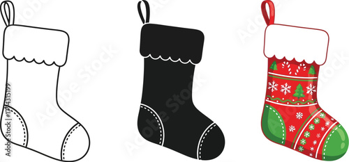 Set of christmas stocking, different styles and colors, holiday decoration for gifts and presents, vector illustration