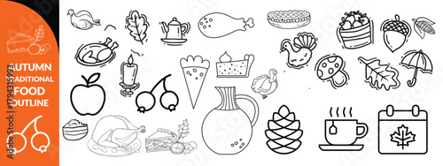Autumn traditional food icon, thanksgiving day holiday table hand drawn doodle line illustration set. Harvest fall pumpkin, celebration turkey, dessert pie, November eatery design element.  big set 