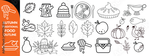 Autumn traditional food icon, thanksgiving day holiday table hand drawn doodle line illustration set. Harvest fall pumpkin, celebration turkey, dessert pie, November eatery design element.  big set 
