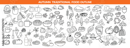 Autumn traditional food icon, thanksgiving day holiday table hand drawn doodle line illustration set. Harvest fall pumpkin, celebration turkey, dessert pie, November eatery design element.  big set 