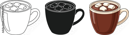 Three mugs of hot chocolate with marshmallows in outline, silhouette, and color, perfect for winter designs