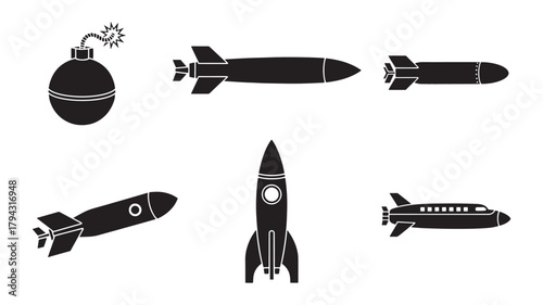 Set of black and white missile icons vector illustration of rocket and bomb symbols isolated on white background