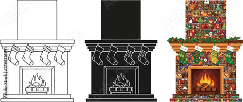 Christmas fireplace with stockings is a cozy and festive scene, perfect for holiday greeting cards and decorations