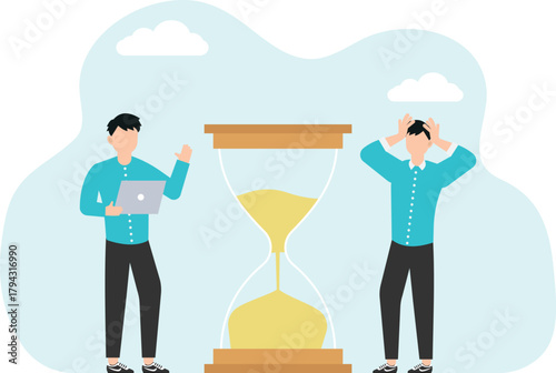  Employee output per unit of working time, limited deadlines for project completion, business and work schedule planning, multitasking, time management, a man with a laptop sits on an hourglass.
