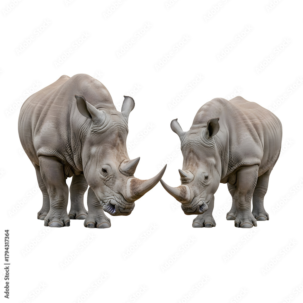 Obraz premium Rhino family two white rhinoceros standing up against transparent background at wildlife safari