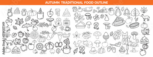 Autumn traditional food icon, thanksgiving day holiday table hand drawn doodle line illustration set. Harvest fall pumpkin, celebration turkey, dessert pie, November eatery design element.  big set 