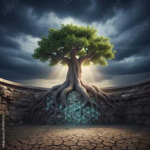 A tree with deep roots grows amidst a cracked landscape and digital elements, symbolizing resilience and growth