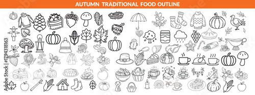 Autumn traditional food icon, thanksgiving day holiday table hand drawn doodle line illustration set. Harvest fall pumpkin, celebration turkey, dessert pie, November eatery design element.  big set 