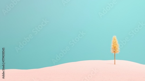 A single, tall, yellow-brown plant stands alone in a vast, light pink desert.