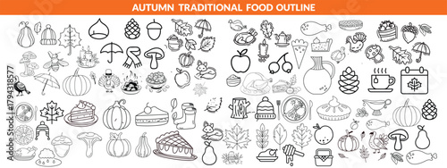 Autumn traditional food icon, thanksgiving day holiday table hand drawn doodle line illustration set. Harvest fall pumpkin, celebration turkey, dessert pie, November eatery design element.  big set 