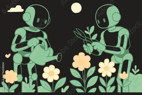 Two friendly green robots tending to a garden of blooming flowers under a soft moonlit sky