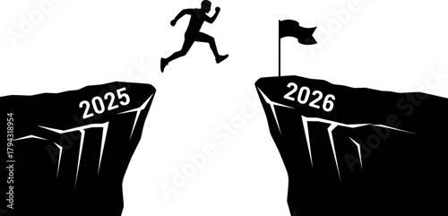 Silhouette of a person leaping between two cliffs isolated on transparent background