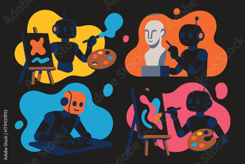 Diverse artists in silhouette and stylized portraits with vibrant abstract shapes creating art on canvases