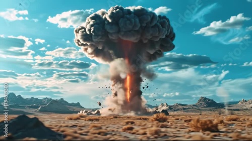 A massive mushroom cloud explosion erupts in a desolate desert landscape under a partly cloudy sky.