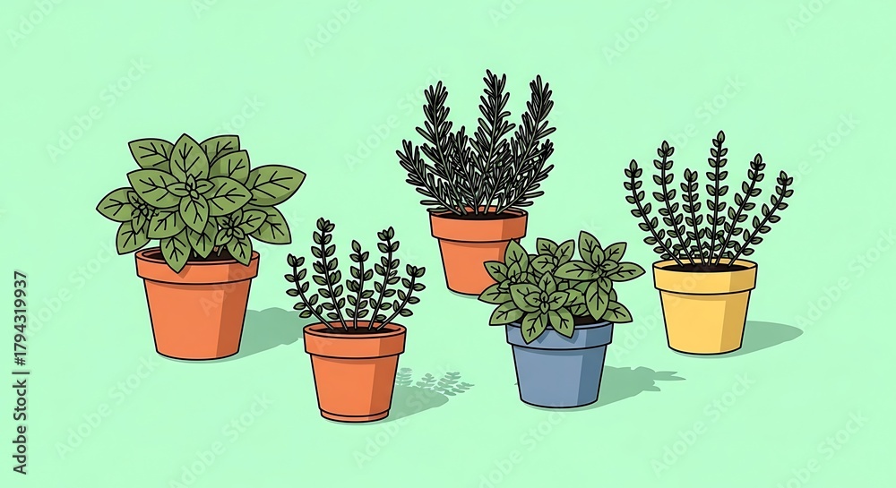 Fototapeta premium Assortment of culinary herbs planted in pots, perfect for a kitchen garden