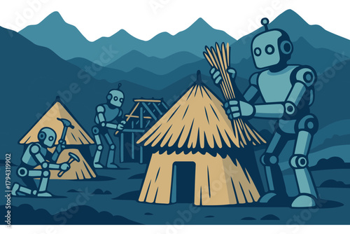 Robots building primitive shelters in a prehistoric landscape under a twilight sky with mountains
