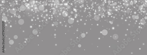 Gray bokeh background with white light particles and blur texture. Abstract sparkle dots, glowing specks scattered in gradient backdrop. Vector spotlight effect with glitter shine elements