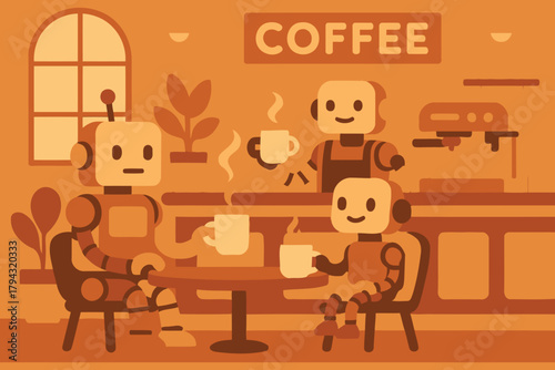 Friendly robots enjoying coffee together in a cozy cafe with warm lighting and plants creating a welcoming atmosphere