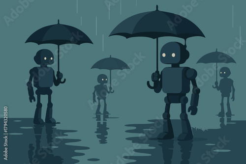 Robots holding umbrellas in the rain with reflections on the wet ground a futuristic concept