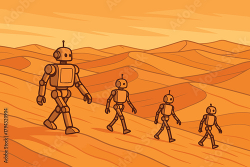 A family of retro robots walking together across a vast orange desert landscape under a warm sky