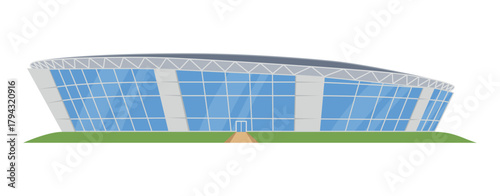 An illustration of the fa ade of a modern sports stadium. The design features expansive glass panels reflecting the sky and a sleek, modern form set against a grassy field.