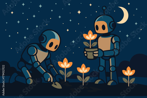 Two friendly robots tending to glowing flowers in a garden under a starry night sky with a crescent moon