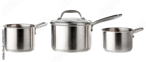 A set of three stainless steel cooking pots in various sizes, showcasing their sleek design and functionality, placed on a neutral background, ideal for culinary and kitchenware presentations