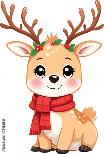 Cartoon reindeer with holly antlers, red scarf, and rosy cheeks festive vector illustration