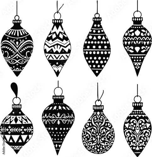 Black and white teardrop Christmas ornaments with intricate festive patterns vector illustration