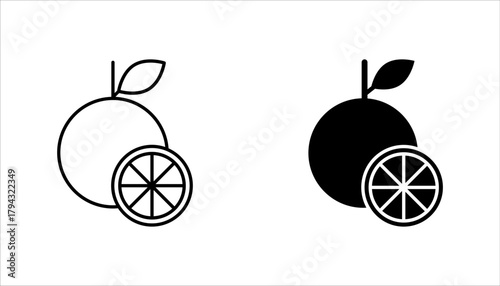 Citrus Orange Fruit Whole and Slice Line Art icon set. vector illustration, pictogram isolated on white background. color editable