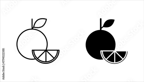 Citrus Orange Fruit Whole and Slice Line Art icon set. vector illustration, pictogram isolated on white background. color editable