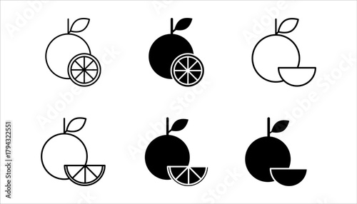 Citrus Orange Fruit Whole and Slice Line Art icon set. vector illustration, pictogram isolated on white background. color editable