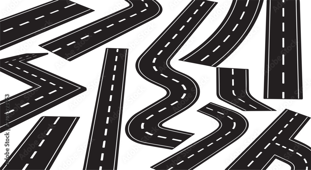 Fototapeta premium Black asphalt roads with white dashed lines and curves vector