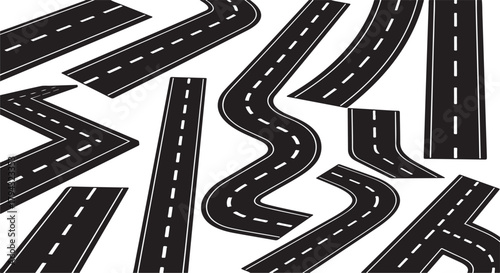 Black asphalt roads with white dashed lines and curves vector