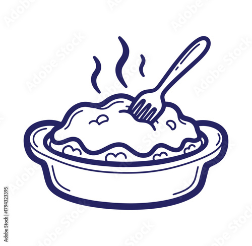 Delicious hot serving of mashed potatoes in a baking dish with a fork