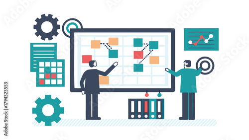 Diverse group of business professionals actively collaborating and brainstorming ideas on a large scale project in a modern office setting