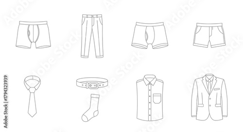 Vector icon set of mens clothing items and accessories