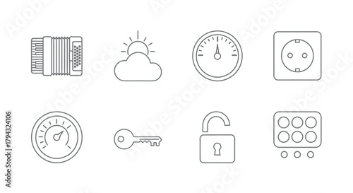 Vector icon set of 8 simple line icons for weather, security, and measurement