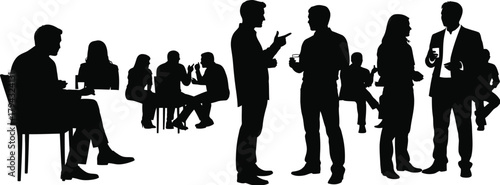 Black silhouettes of people in conversation and seated positions group standing