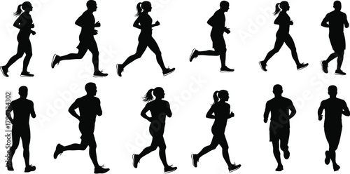 Diverse group of runners in motion black silhouettes running